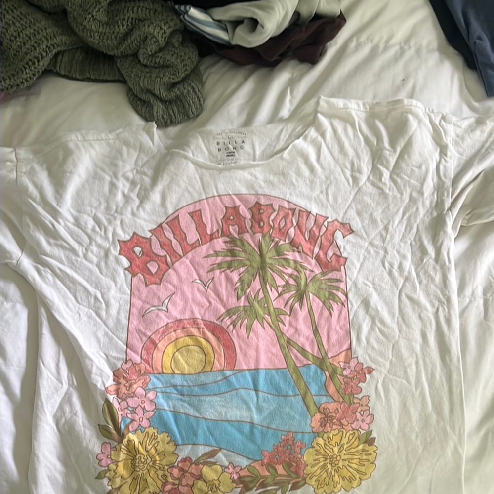 Billabong Women's White Graphic Tee with Pink and Blue Design